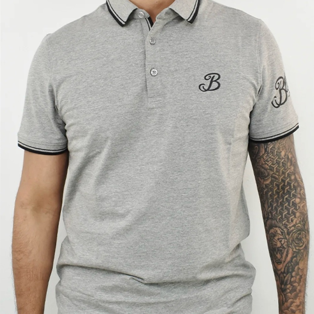 Gray Polo Shirt with Black Trim and Embroidered Logo